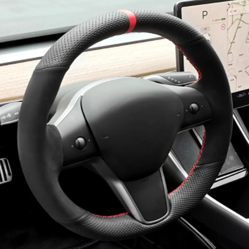 Car Steering Wheel Cover Anti Slip Breathable - Hand-stitched Anti-Slip Carbon Fiber Suede Braid