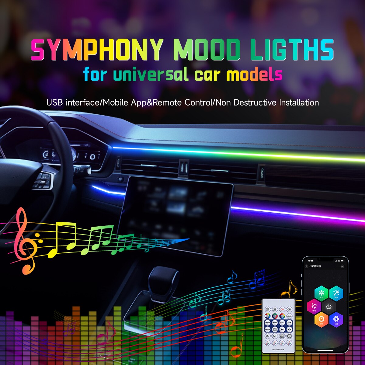 Led Ambient Interior Car Lights App Control - Car LED Ambient Light USB 64
